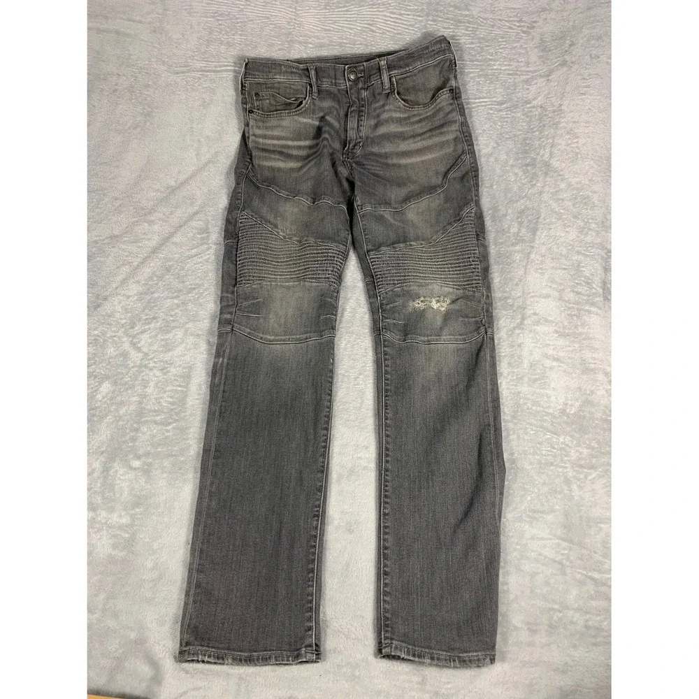 True Religion Biker Jeans Geno Mens 34x34 Gray Denim Moto ribbed knees